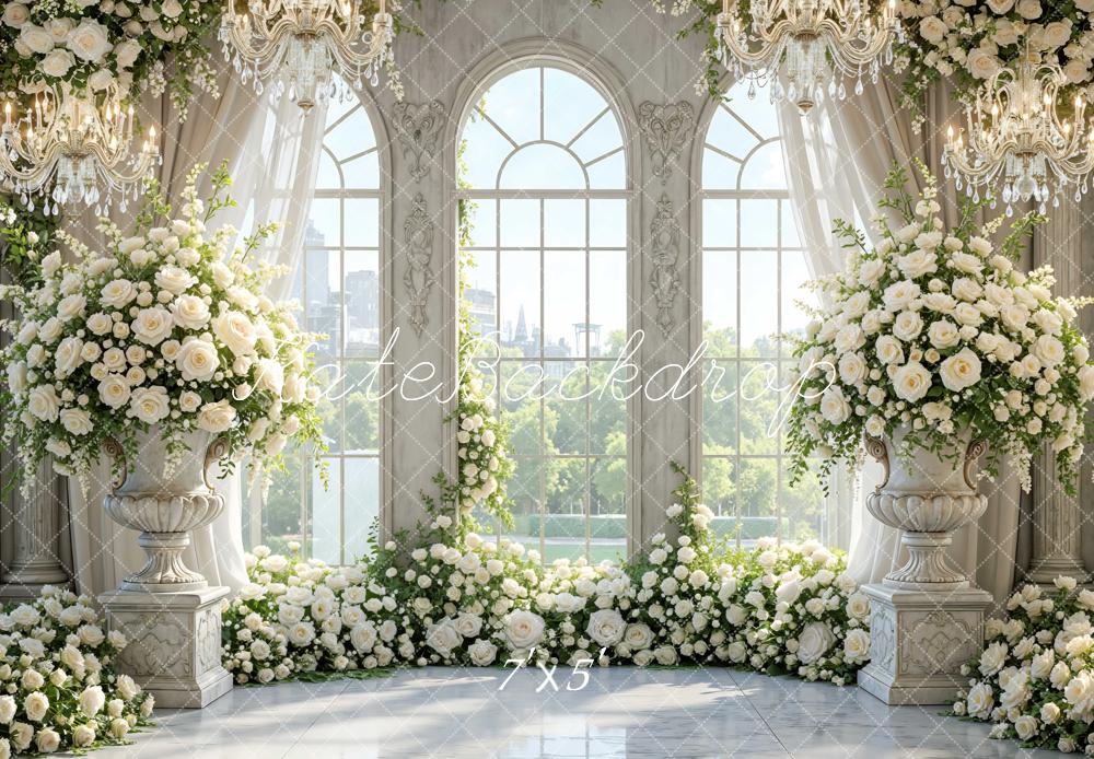Kate Wedding White Roses Elegant Chandeliers Backdrop Designed by Mini MakeBelieve