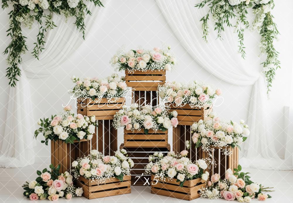 Kate Wedding Wooden Crates Floral White Drapes Backdrop Designed by Patty Robert