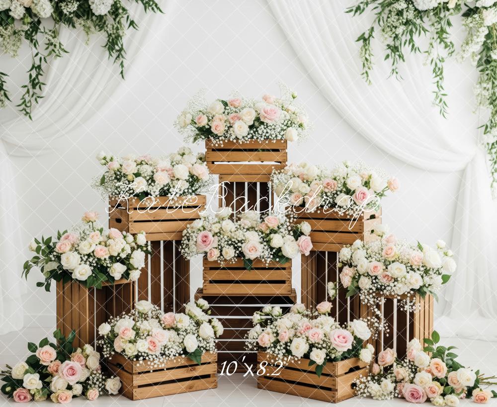 Kate Wedding Wooden Crates Floral White Drapes Backdrop Designed by Patty Robert - Image 6
