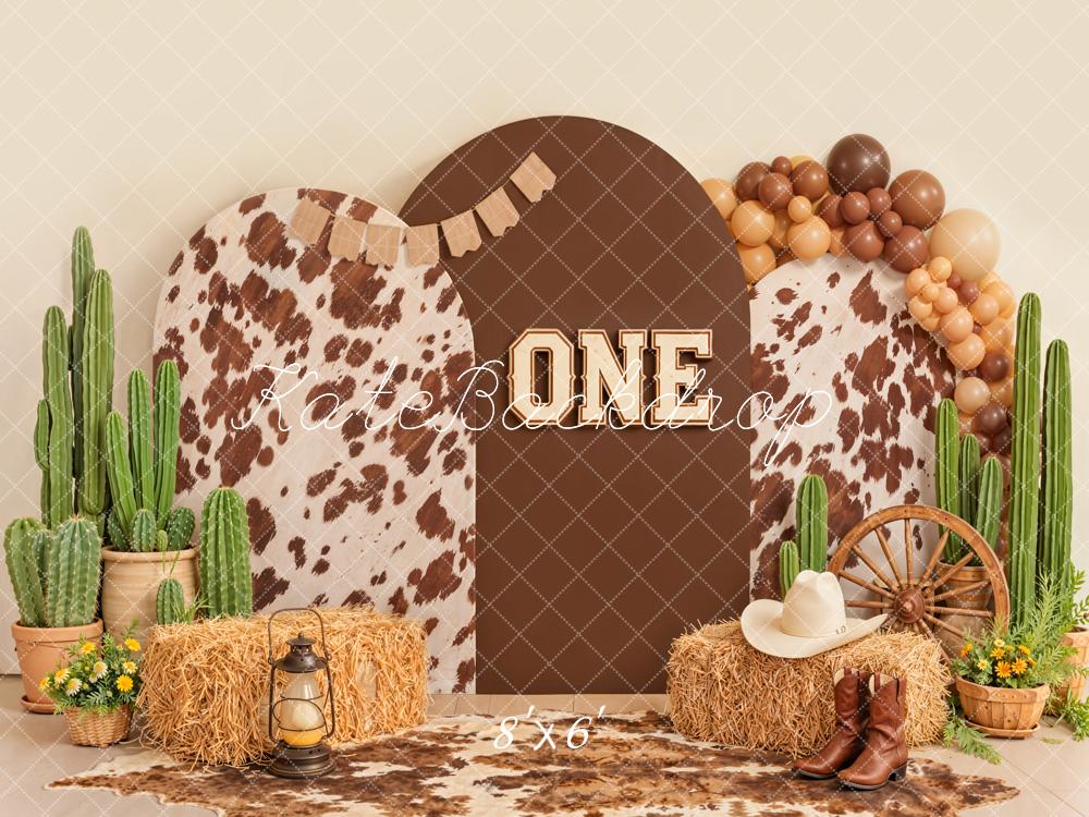 Kate Western Cow Print Balloons Cactus Hay Fleece Backdrop Designed by Emetselch