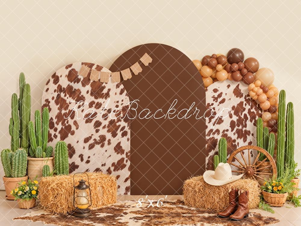 Kate Western Cowhide Cactus Hay Balloons Fleece Backdrop Designed by Emetselch