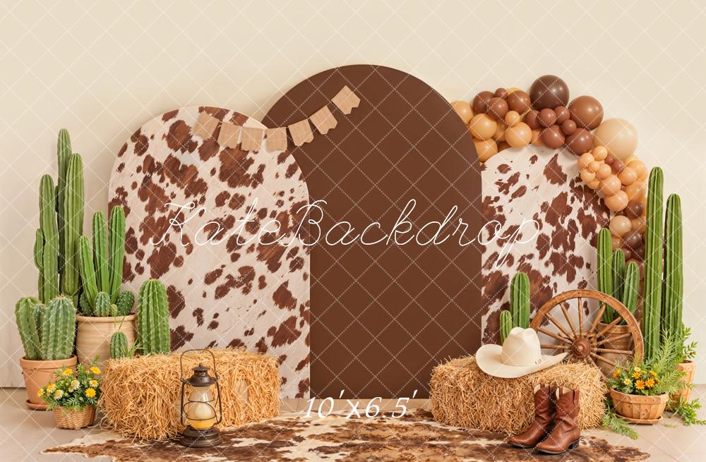 Kate Western Cowhide Cactus Hay Balloons Fleece Backdrop Designed by Emetselch - Image 2