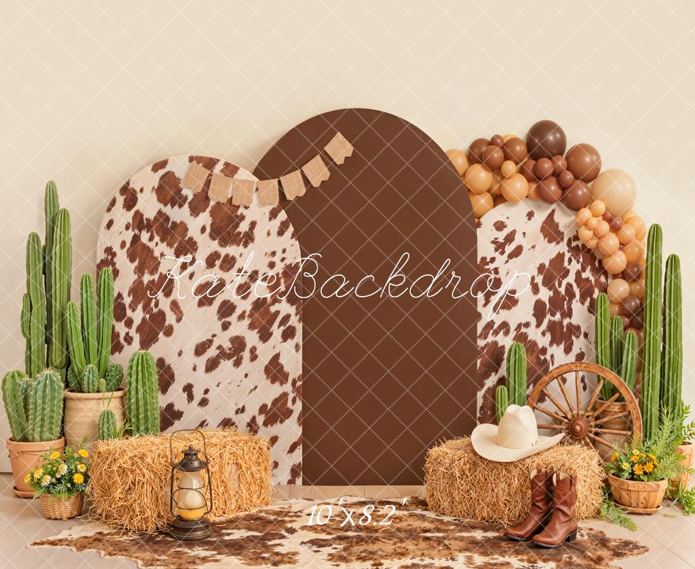 Kate Western Cowhide Cactus Hay Balloons Fleece Backdrop Designed by Emetselch - Image 3