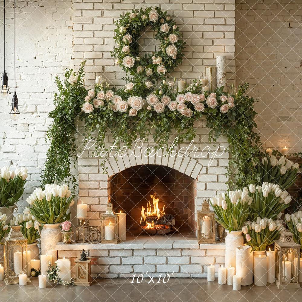 Kate White Brick Fireplace Floral Candles Backdrop Designed by Emetselch - Image 7