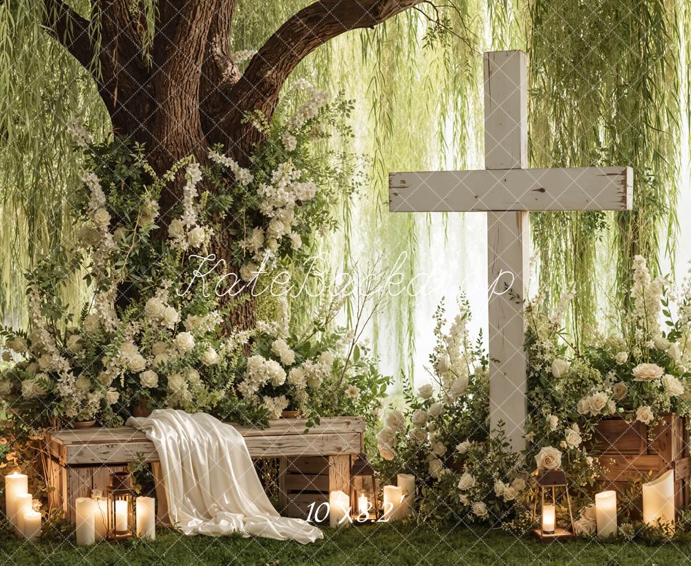 Kate White Cross Willow Tree Floral Bench Backdrop Designed by Emetselch - Image 6