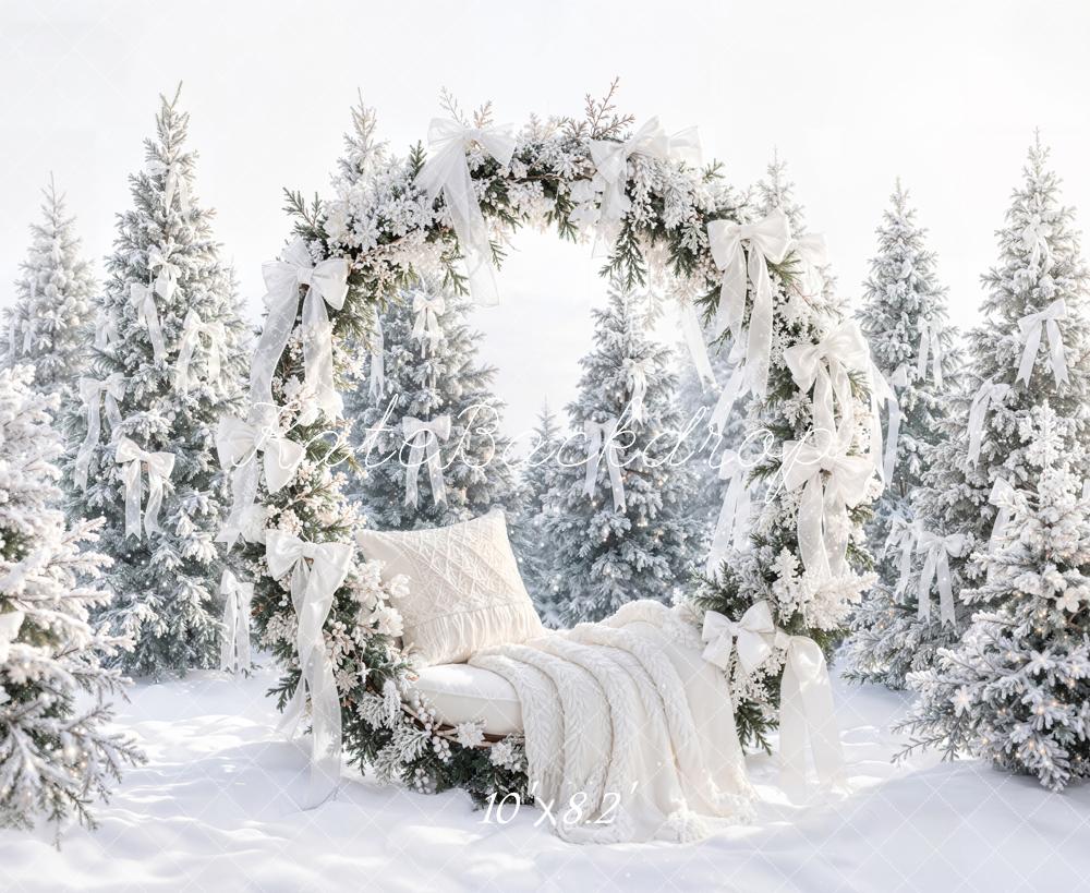 Kate Winter Arch Snowy Forest White Bows Fleece Backdrop Designed by Emetselch - Image 3