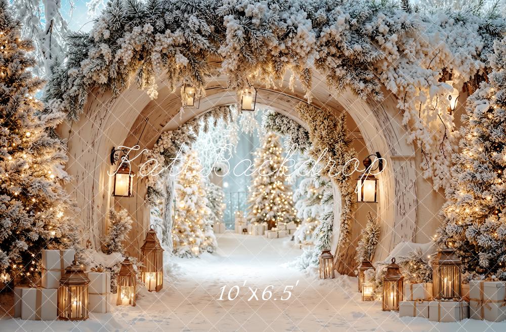 Kate Winter Archway Snowy Trees Lanterns Fleece Backdrop Designed by Emetselch - Image 2