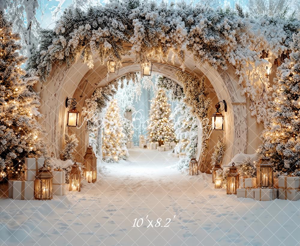 Kate Winter Archway Snowy Trees Lanterns Fleece Backdrop Designed by Emetselch - Image 3