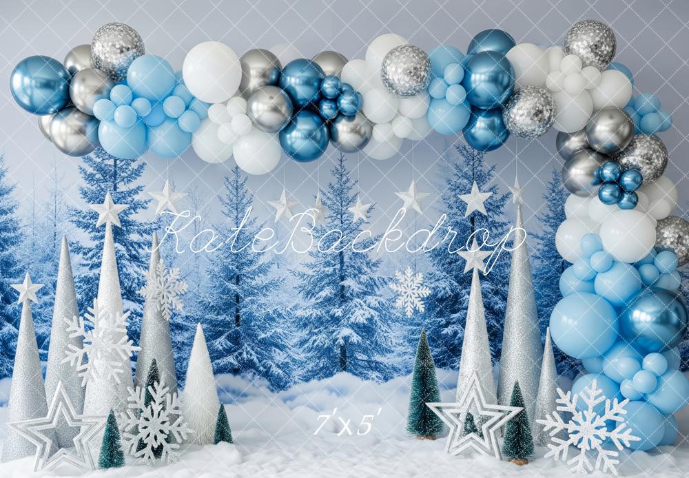 Kate Winter Balloon Snowy Trees Silver Stars Backdrop Designed by Patty Robert