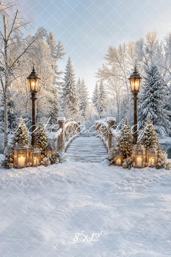 Kate Winter Bridge Lanterns Snowy Forest Backdrop Designed by Emetselch - Image 12