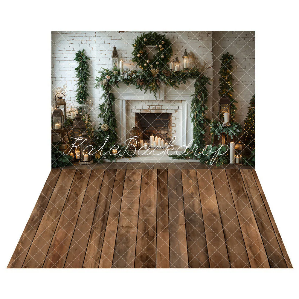 Kate Winter Christmas White Brick Fireplace Backdrop+Brown Wooden Floor Backdrop