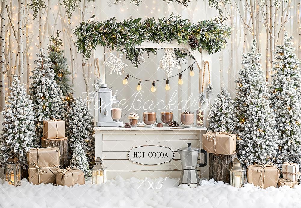 Kate Winter Christmas Hot Cocoa Gifts Snowy Trees Backdrop Designed by Emetselch