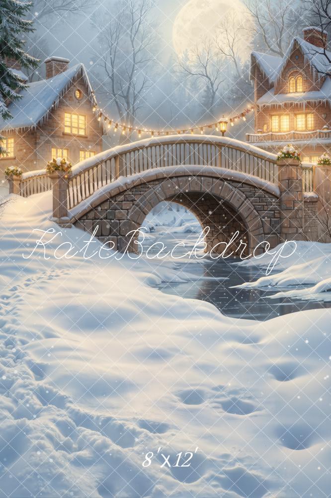 Kate Winter Snow Bridge Houses Moonlight Fleece Backdrop Designed by GQ - Image 4