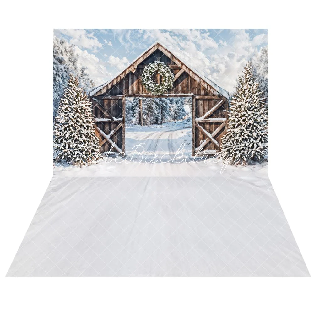 Kate Winter Snow Forest Cabin Door Backdrop+Ivory White Floor Backdrop