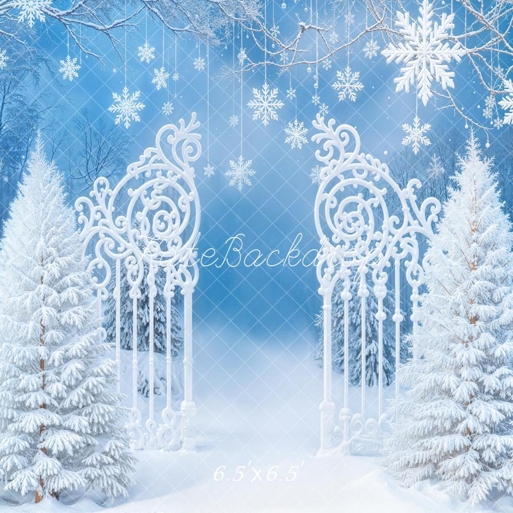 Kate Winter Snowy Trees Ornate Gate Blue Backdrop Designed by Emetselch - Image 2