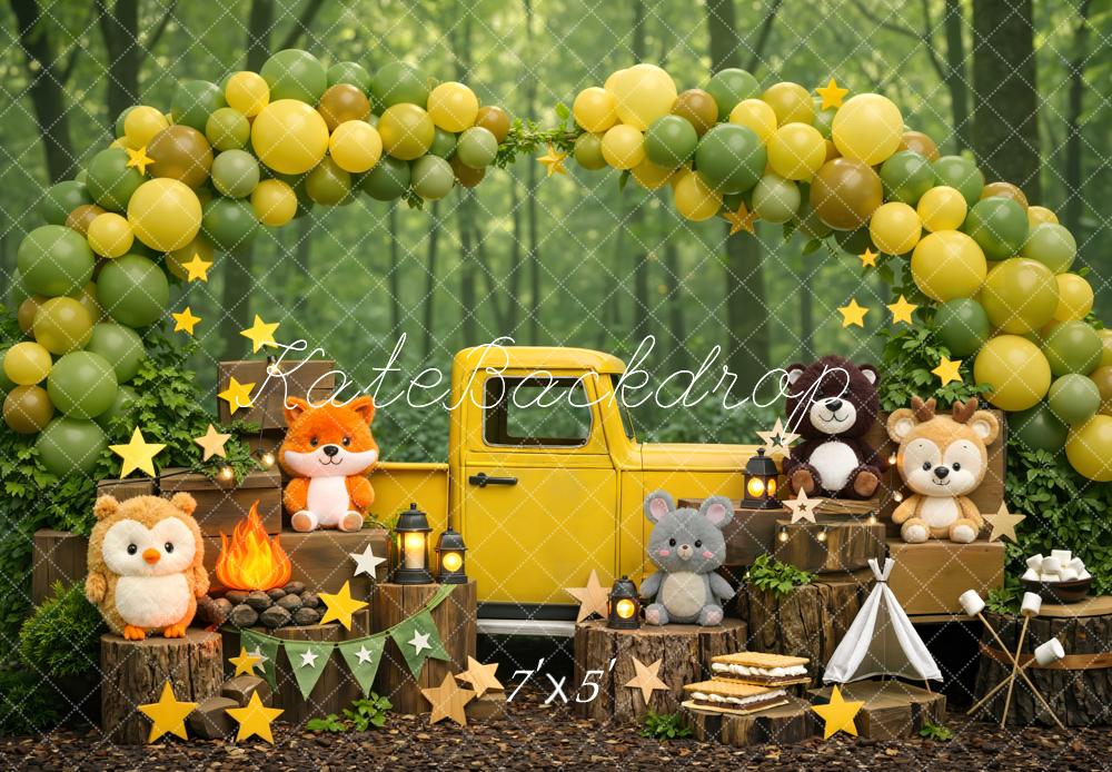 Kate Woodland Animals Yellow Truck Forest Balloons Backdrop Designed by Mini MakeBelieve