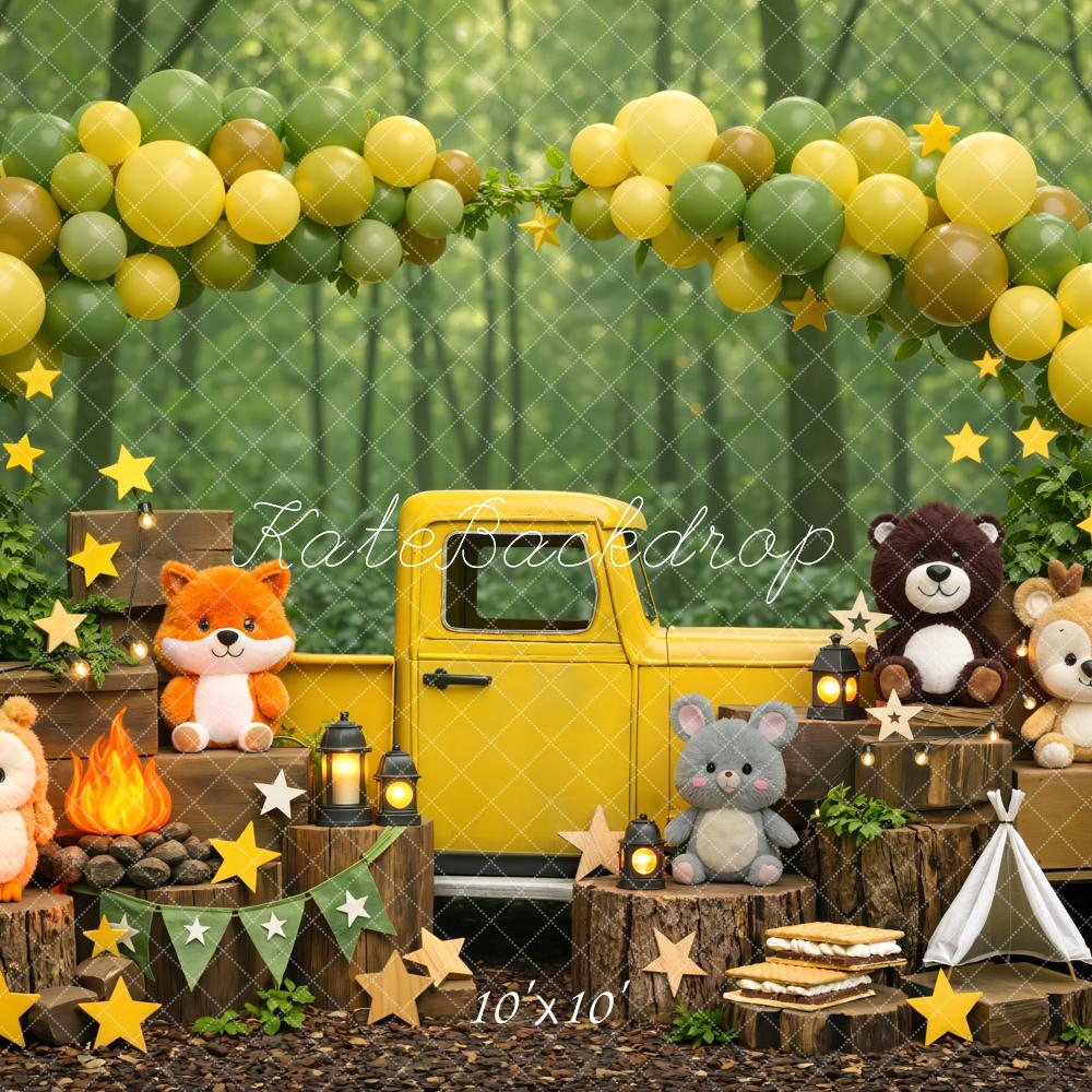 Kate Woodland Animals Yellow Truck Forest Balloons Backdrop Designed by Mini MakeBelieve - Image 7