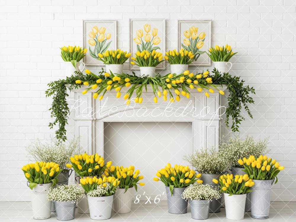 Kate Yellow Tulips Floral Mantel White Brick Fleece Backdrop Designed by Patty Robert