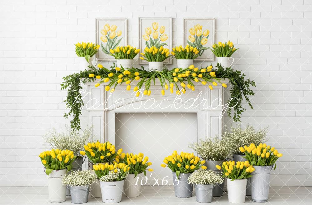 Kate Yellow Tulips Floral Mantel White Brick Fleece Backdrop Designed by Patty Robert - Image 2