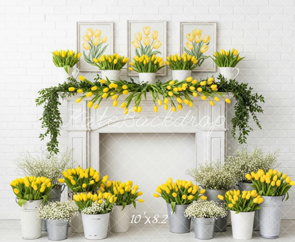 Kate Yellow Tulips Floral Mantel White Brick Fleece Backdrop Designed by Patty Robert - Image 3