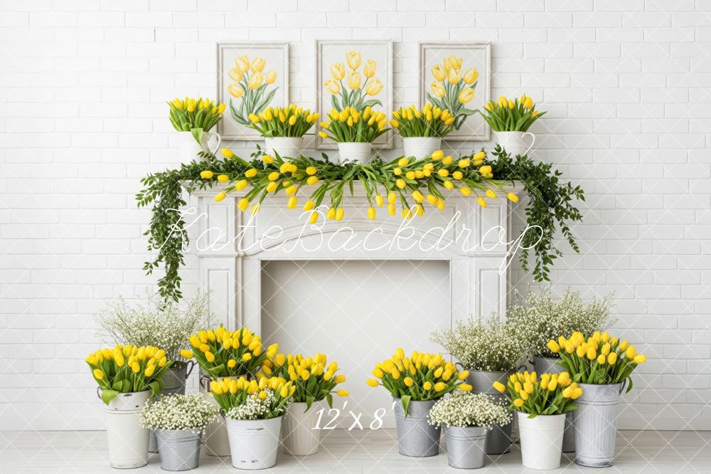 Kate Yellow Tulips Floral Mantel White Brick Fleece Backdrop Designed by Patty Robert - Image 4