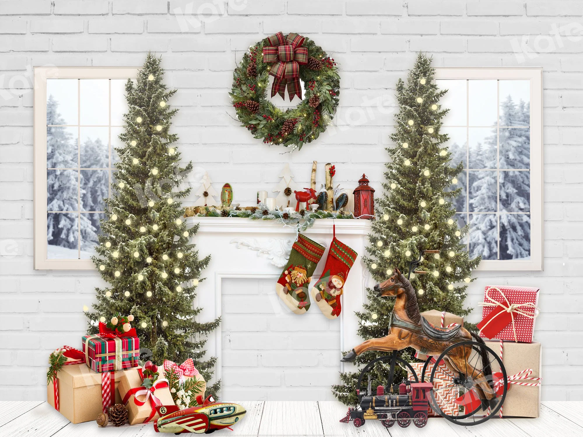Kate Christmas Backdrop Windows Fireplace Trees Designed By JS Photography